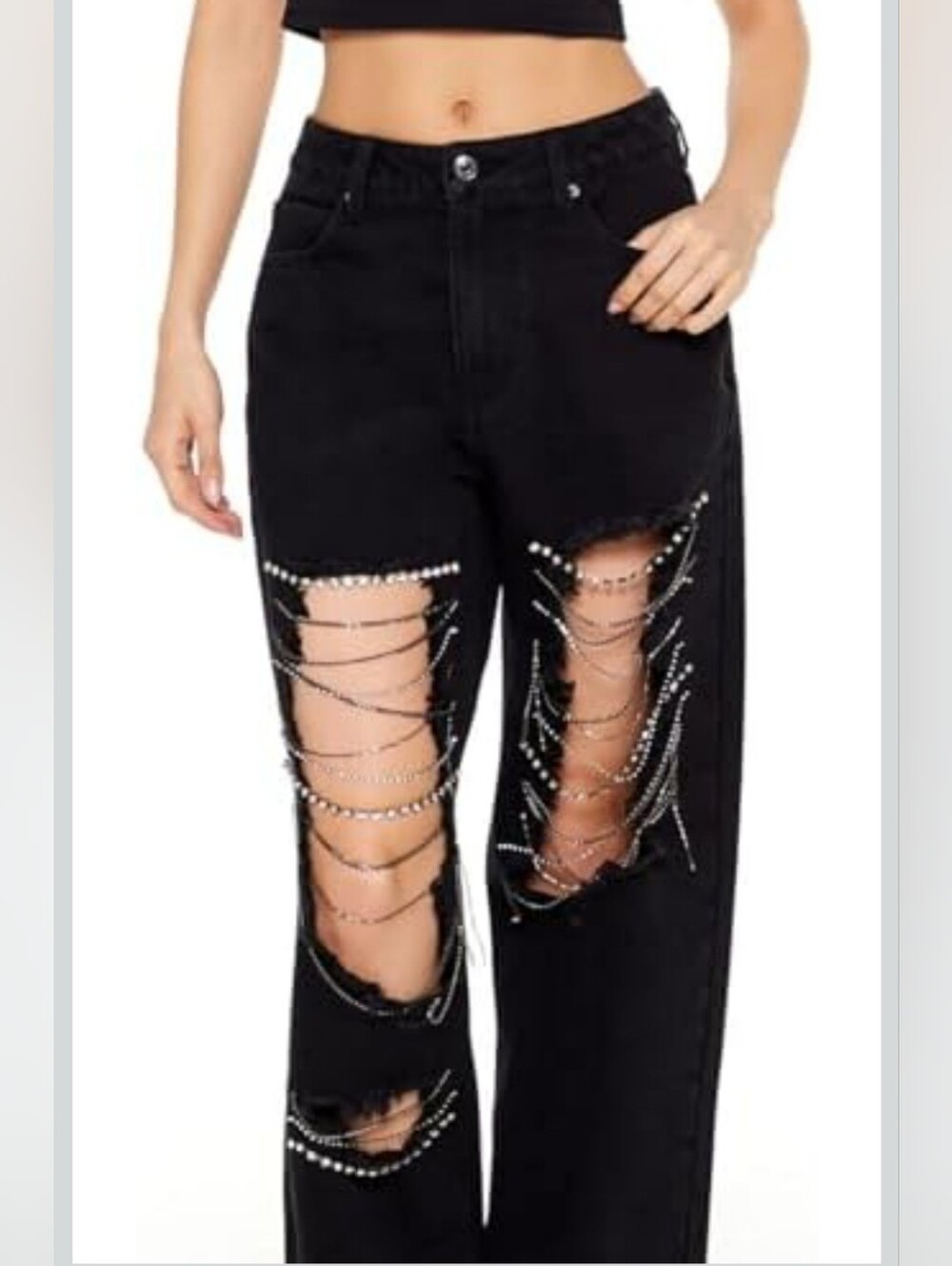 Forever 21 90s Fit Rhinestone Chain Distressed Black Jeans Size 29